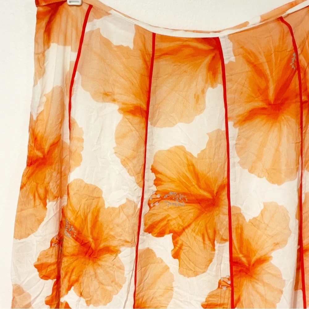 Farm‎ Rio Size Large Orange Floral Pleated Fully Lined Midi Skirt_2